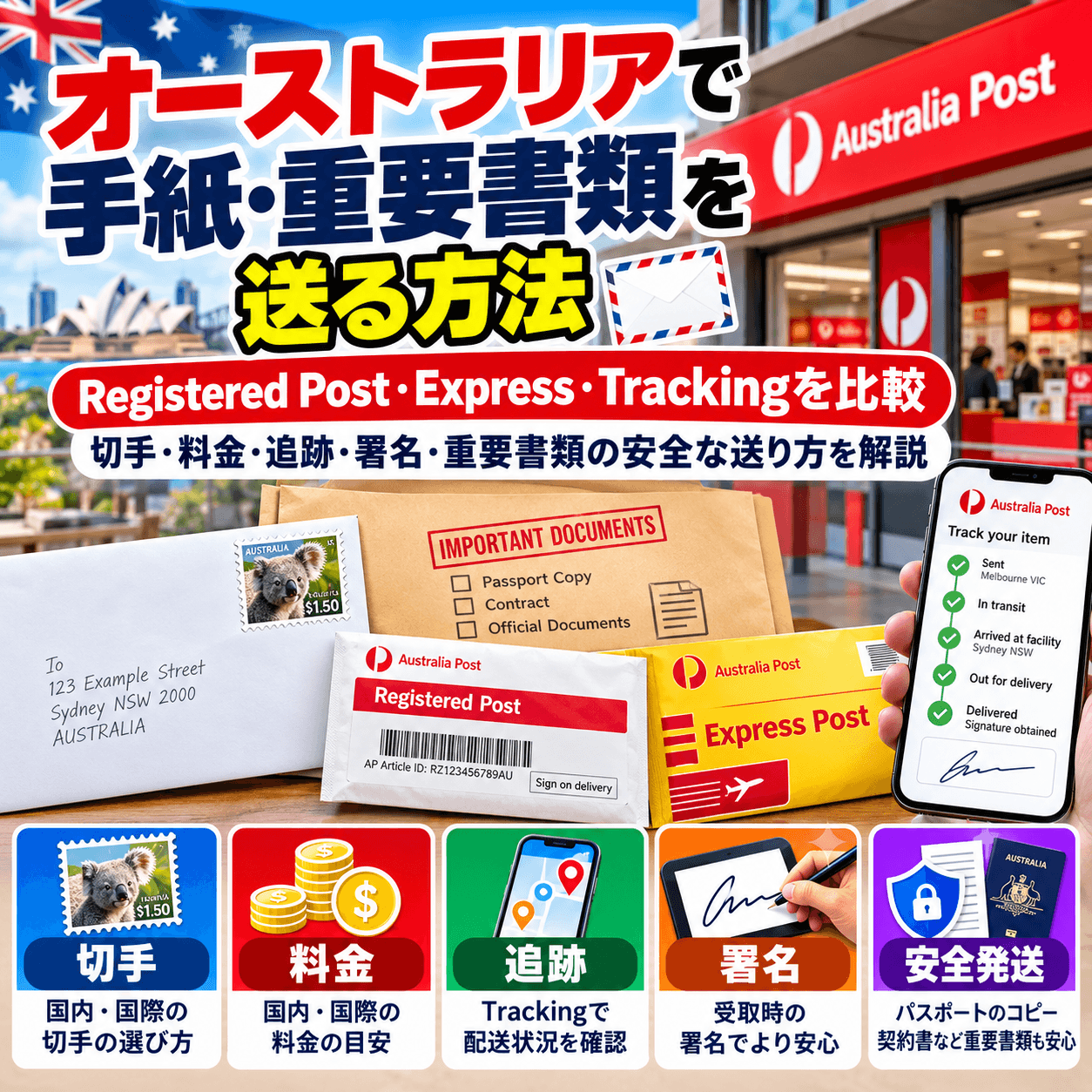 Australia Postで手紙や重要書類をRegular、Priority、Registered Post、Express Postで送る方法