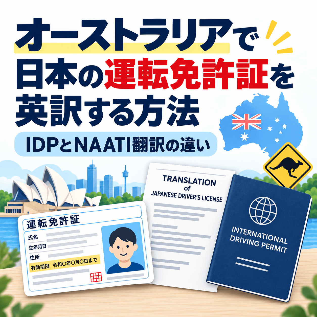 日本の運転免許証、英訳書類、国際運転免許証を並べたオーストラリア運転ガイド