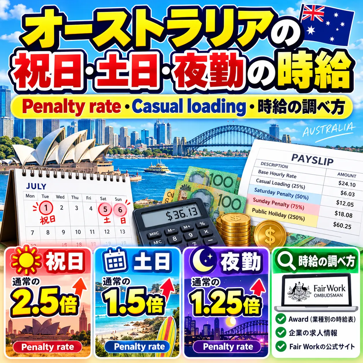 オーストラリアの祝日、土日、夜勤の割増時給を確認する方法